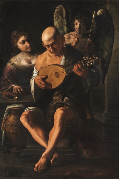 Een oudere man die gitaar speelt met een vrouw en een putto aanwezig door Pietro Paolini