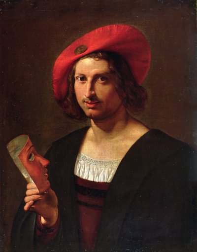 Portret van een jonge man met een hoed met een badge, die een masker vasthoudt door Pietro Paolini