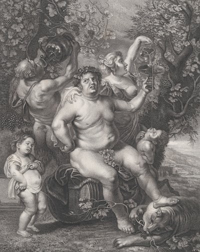 Bacchus zittend op een vat voor wijnstokken, met bacchanten, saters en kinderen door Pietro Peiroleri