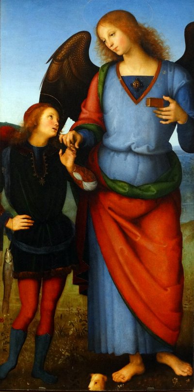De Maagd en Kind met een Engel, de Aartsengel Rafaël met Tobias en de Aartsengel Michaël (detail) door Pietro Perugino