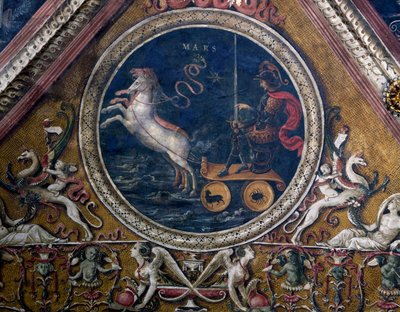 De wagen van Mars, allegorie, detail van de fresco De Heer met profeten en sibillen door Pietro Perugino