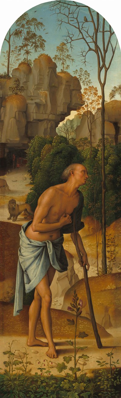 De Kruisiging met de Maagd, Sint Jan, Sint Hiëronymus en Sint Maria Magdalena [linker paneel] door Pietro Perugino