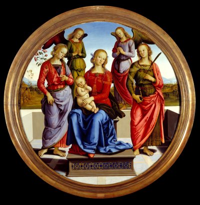 De Maagd en het kind omringd door twee engelen, Sint Roos en Sint Catharina. Schilderij door Pietro Vannucci, ook wel il Perugino genoemd door Pietro Perugino