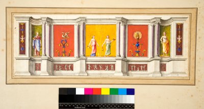 Een lange muur met zeven panelen met een smalle fries eronder door Pietro Santi Bartoli