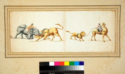Kopie van een mozaïek van een olifant die vecht tegen een stier (zwarte krijt, sommige met pen en bruine inkt. gekleurd met aquarel) door Pietro Santi Bartoli