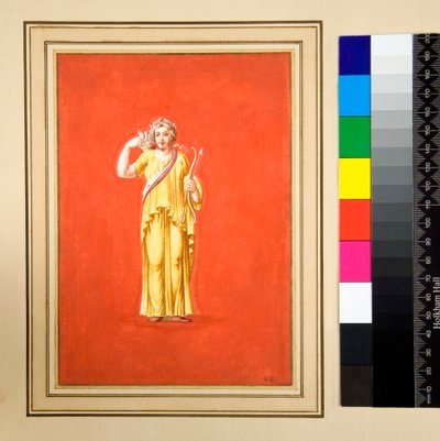 Vrouwelijke figuur in geel, boog en pijl in rechterhand door Pietro Santi Bartoli