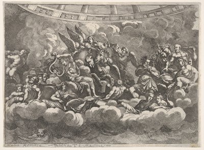 Verzameling van verschillende Olympische goden en mythologische figuren tussen wolken, Apollo in het midden... door Pietro Santi Bartoli