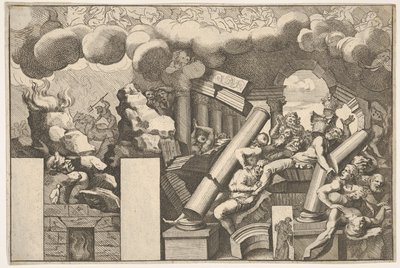 Reuzen Verpletterd door Rotsen en de Vallende Zuilen van de Tempel, Wolken van Rook erboven door Pietro Santi Bartoli