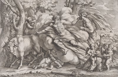 Io links als koe, Jupiter op een wolk in het midden en Juno rechts door Pietro Santi Bartoli