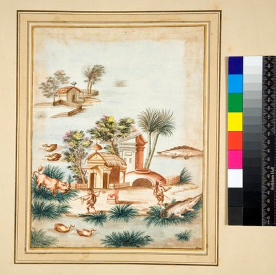 Rivierscène met twee pygmeeën op een eiland door Pietro Santi Bartoli