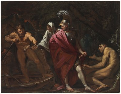 Aeneas en de Cumaeaanse Sibyl presenteren de gouden tak aan Charon door Pietro Testa
