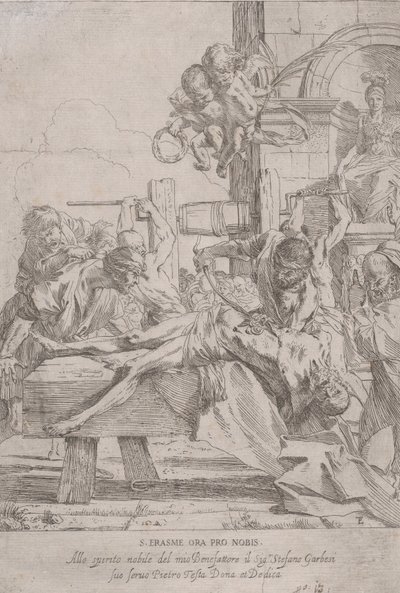 Het martelaarschap van Sint Erasmus die plat ligt terwijl zijn ingewanden worden verwijderd, twee putti..., ca. 1630 door Pietro Testa