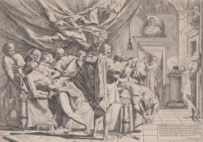 De zelfmoord van de filosoof Cato, die op zijn bed ligt en zijn ingewanden eruit trekt, 1648 door Pietro Testa