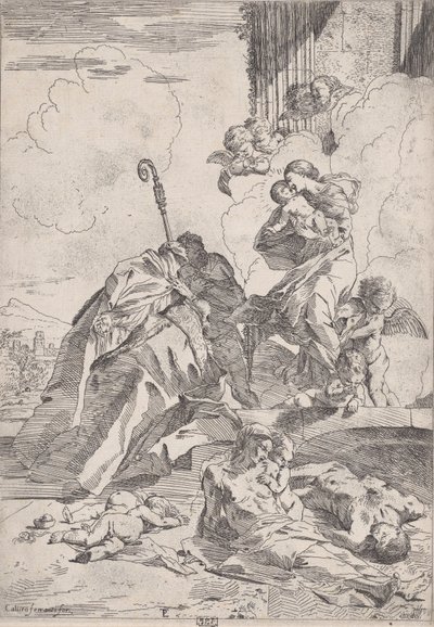 Drie Lucchese heiligen die bij de Maagd bemiddelen voor de slachtoffers van de pest, ca. 1630-31 door Pietro Testa