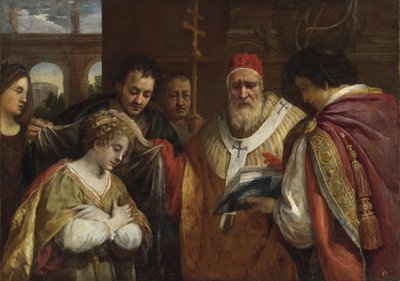 Flavia Domitilla (overleden na 95) ontvangt de sluier van paus Clemens I - Sint Domitilla ontvangt de sluier van paus Clemens I door Cortona, Pietro da door Pietro da Cortona