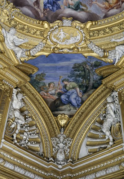 De Sala di Apollo detail van pendentief met de muzen Thalia en Clio (detail) door Pietro da Cortona