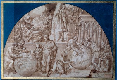 Allegorie van de astronomie. Wetenschappers nemen metingen op aardgloben. Tekening met bruine inkt door Pirro Ligorio (circa 1500-1583) 16e eeuw door Pirro Ligorio