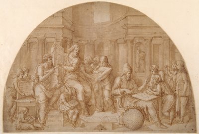 Ontwerp voor een lunet, met figuren van wiskundigen en hun studenten door Pirro Ligorio