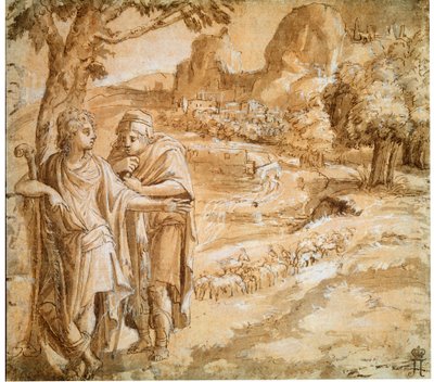 Herder en Pelgrim in een Landschap, ca. 1550 door Pirro Ligorio