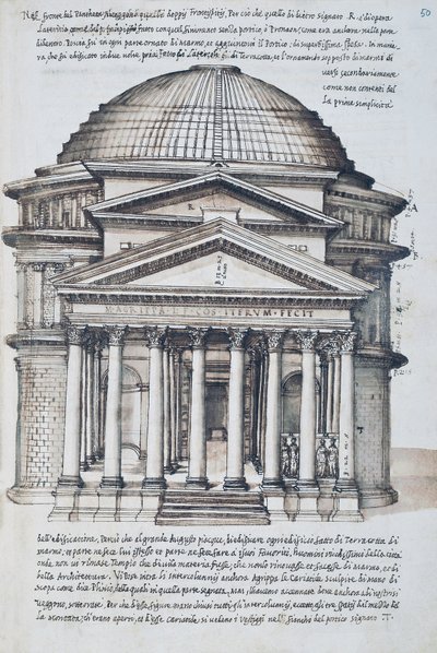 Zicht op het Pantheon in Rome, tekening uit volume XIII van XXX Libri delle Antichita (Boeken van Oudheden) door Pirro Ligorio