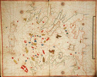 Egeïsche Zee, uit portolan atlas bestaande uit zes kaarten, door Placido Caloiro en Francesco Oliva, perkament. 1646 door Placido Caloiro e Oliva