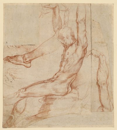 Studie van een man met verschillende schetsen (recto); Studie van een gedrapeerd been van een man (verso) door Polidoro da Caravaggio (Polidoro Caldara)