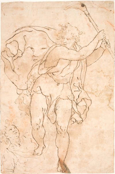 Man zwaaiend met een hak. Met wapperende mantel waarop summiere gelaatstrekken. Voor zijn voeten het bovenlichaam van een jonge man. door Polidoro da Caravaggio