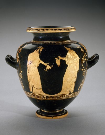 Rood-figuur Stamnos met scène van Dionysus met dienstmeid door Polygnotos Polygnotos
