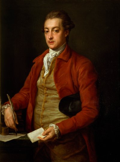 Portret van de Hon. Lionel Damer, half lengte in rode jas met grijs vest en witte das, met een papier en een ganzenveer door Pompeo Girolamo Batoni
