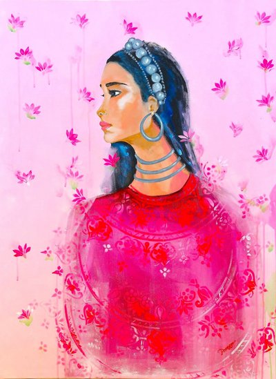 Elegante vrouw met roze lotusbloem door Poonam Choudhary