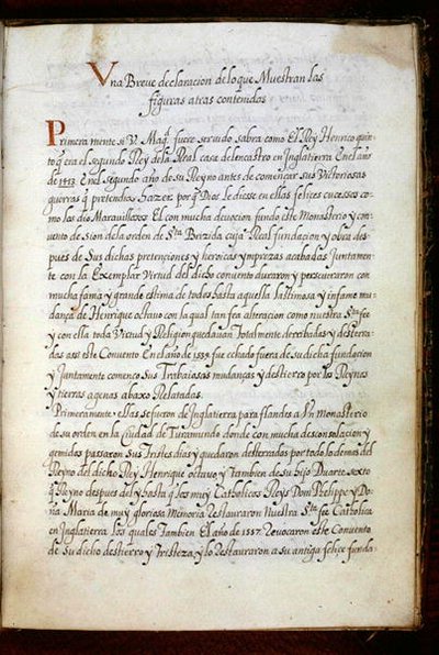 Een pagina uit een geschiedenis van de omzwervingen van de Syon-nonnen, samengesteld in Lissabon in het begin van de 17e eeuw door Portuguese School