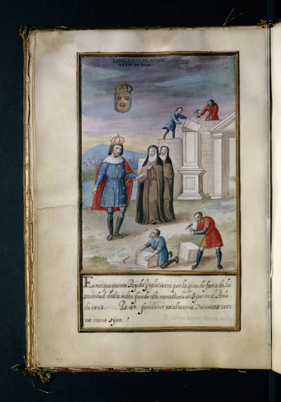 Bouw van het klooster in Syon, uit een geschiedenis van de omzwervingen van de Syon-nonnen, samengesteld in Lissabon in het begin van de 17e eeuw door Portuguese School
