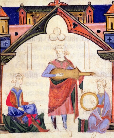 Fol.12v Muzikanten die gitaar en tamboerijn spelen, uit de Chansonnier des Nobles door Portuguese School