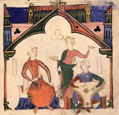 Fol.4r Muzikanten die castagnetten en een psalterium bespelen, uit de Chansonnier des Nobles door Portuguese School