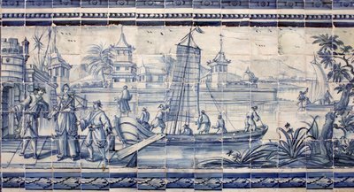 Scène aan de oever van een rivier in Azië - Azulejos, beschilderd aardewerk door Portuguese School