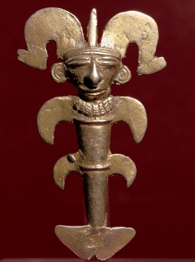 Precolumbiaanse kunst, Quimbaya beschaving: antropomorfe hanger in goud door Pre Columbian Pre Columbian