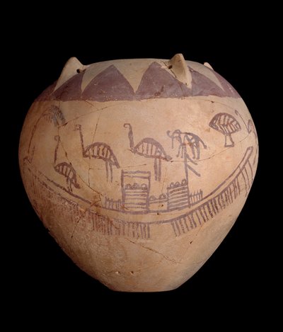 Gebakken kleipot met geschilderde decoratie, inclusief boten en dieren, ca. 3400-3300 v.Chr. door Predynastic Period Egyptian