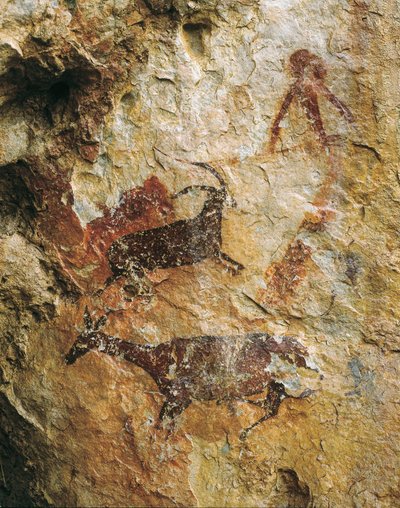 Jachtscène met een hert en een steenbok (25000-15000 v.Chr.). Boven-Paleolithicum. El Perello, grot van La Cabra Freixet. door Prehistoric Prehistoric