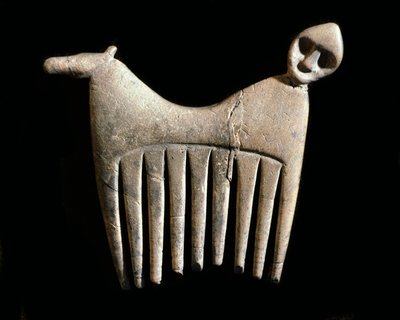 Prehistorie: bottenkam met een hoofd van een man en paard van het eiland Gotland. Stenen Tijdperk door Prehistoric Prehistoric