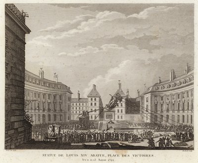 Standbeeld van Lodewijk XIV verwijderd op de Place des Victoires door Prieur