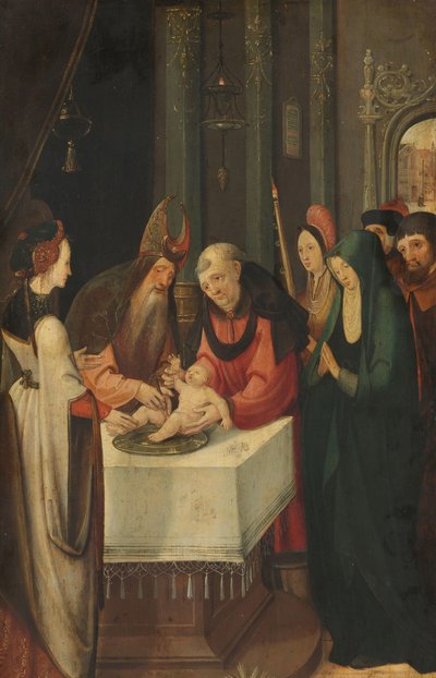 Besnijdenis van Christus, linker vleugel van een altaarstuk, op verso is de Maagd uit een annunciatie scène door Pseudo Jan Wellens de Cock (attributed to)