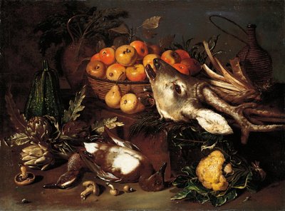 Paddenstoelen, artisjokken, een mand met appels en een kool met dood wild op een richel door Pseudo Salini