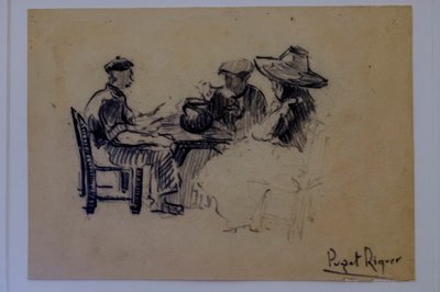 Zittende figuren, Narcís Puget Riquer, houtskooltekening, Puget museum, adellijk huis van Can LLaudis, Dalt Vila, Ibiza, Balearen, Spanje door Puget Riquer