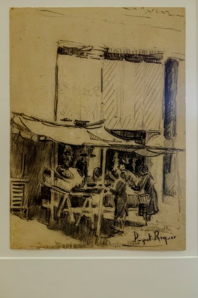 het plein, Narcís Puget Riquer, houtskooltekening, Puget museum, adellijk huis Can LLaudis, Dalt Vila, Ibiza, Balearen, Spanje door Puget Riquer