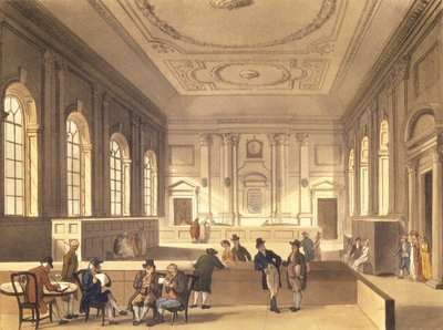 Dividend Hall in South Sea House, uitgegeven door R. Ackermann, 1810 door Pugin and Rowlandson