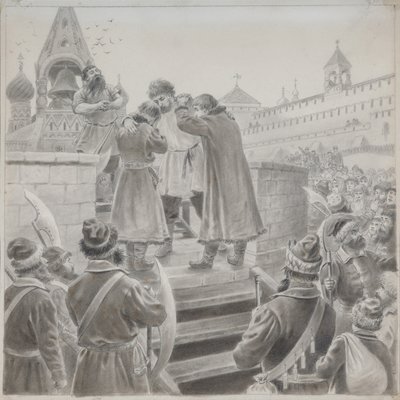 Illustratie bij het gedicht Het Lied van de Koopman Kalashnikov door M. Lermontov door Pyotr Ivanovich Korovin