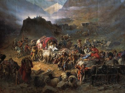 De bergbeklimmers verlaten de aul voor de komst van het Russische leger, 1872 door Pyotr Nikolayevich Grusinsky