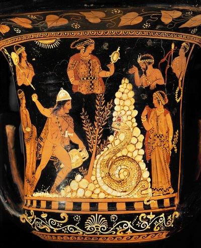 Roodgevormde krater: Koning Cadmos, een amfoor in de ene hand, gooit stenen naar de draak ... door Python Python