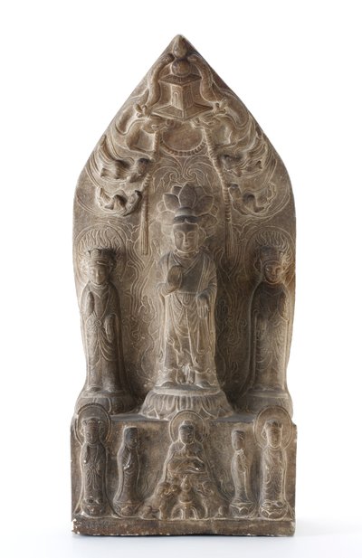 Boeddhistische drie-eenheid in reliëf op lotuspodia voor puntige achtergrond door Qing Dynasty Chinese School