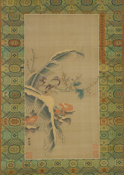 Kesi-tapijt van vogels en met sneeuw beladen bomen door Qing Dynasty Chinese School